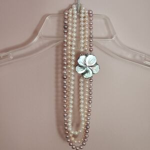 Triple Strand Pearl Necklace With Flower Pendant
